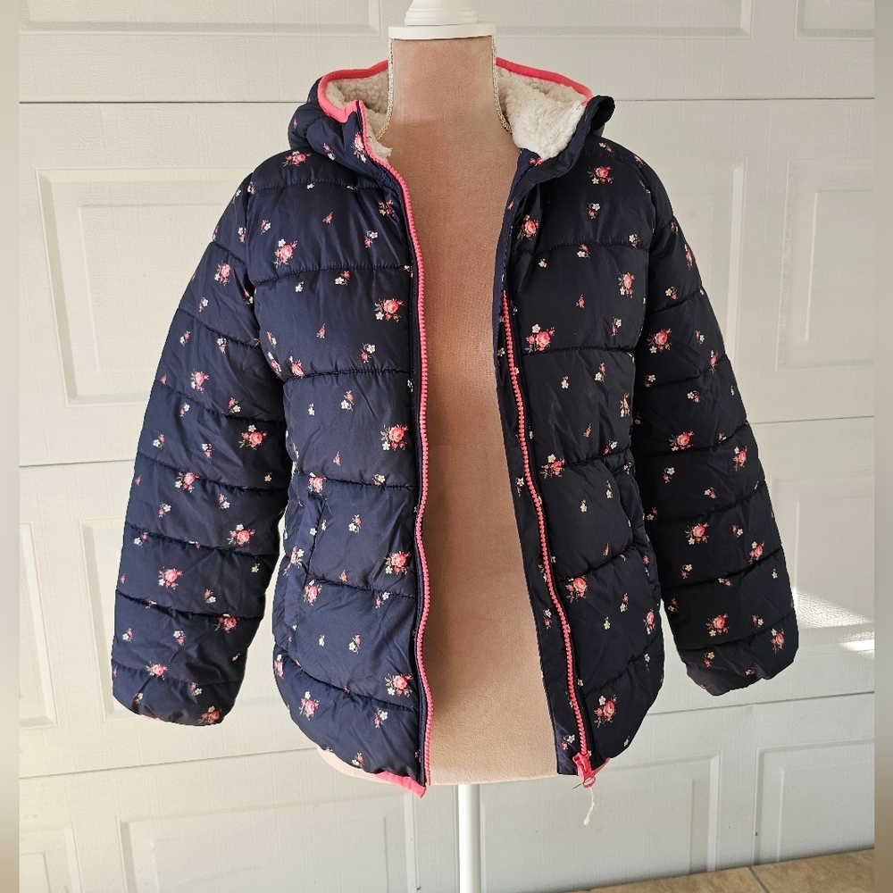 GAP Kids XL Floral Puffer Jacket Hooded Sherpa Lined Winter Coat Cottagecore - Picture 2 of 9
